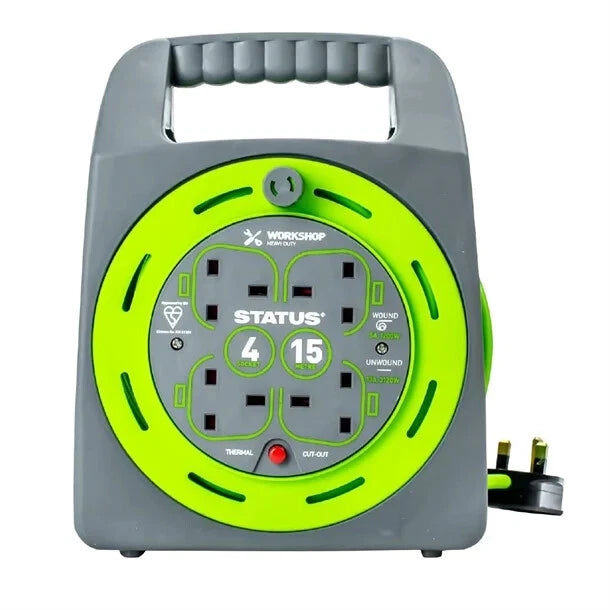 15m Cable Reel 4 Socket Extension Lead Heavy Duty (Thermal Cutout)